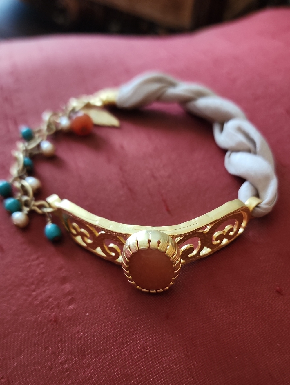 Gold-Tone Saten Braided Fabric Bracelet with Coral Center Stone